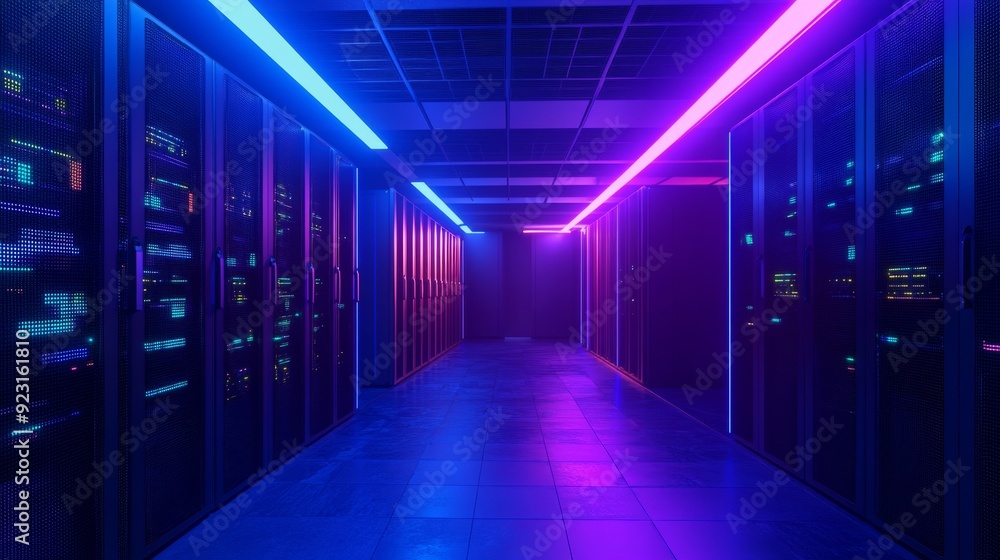 Fototapeta premium Modern server room with numerous multi-faceted cabinets, blue and purple lighting