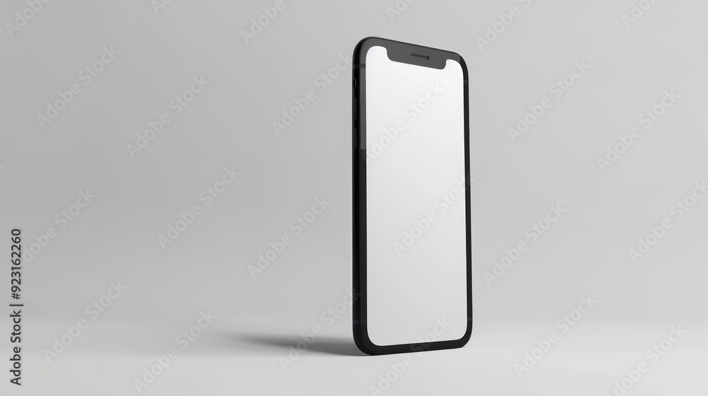 A modern smartphone with a black frame and a blank screen, standing vertically on a plain light grey background. A modern smartphone with a black frame and a blank screen, standing vertically on a plain light grey background.