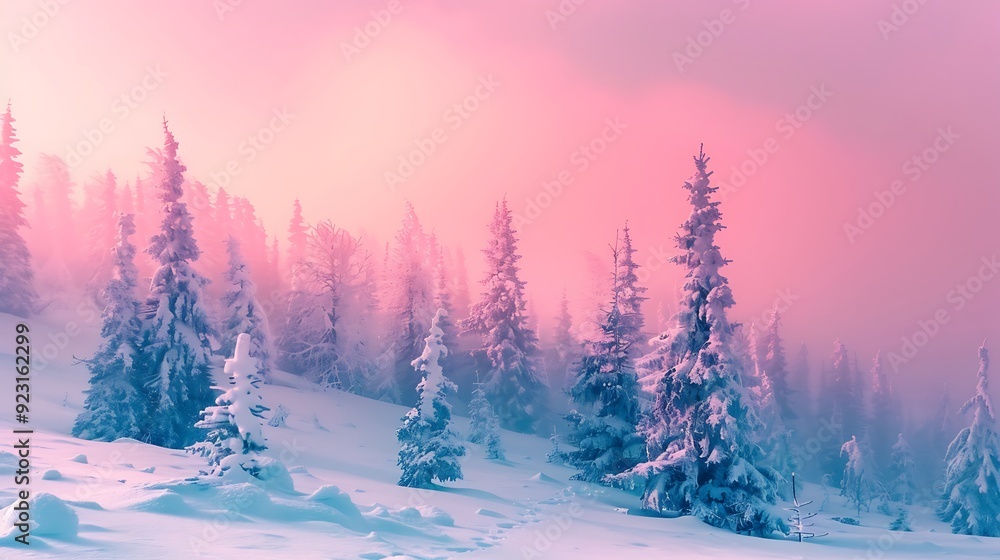 Naklejka premium Snowy forest bathed in the warm glow of sunrise. The trees are covered in a thick blanket of snow the sky is a beautiful blend of pink and blue. The mist adds to the ethereal beauty of the scene.