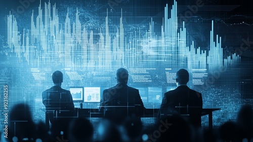 Three business professionals analyzing data on screens, surrounded by digital graphs and trends, illustrating teamwork in technology.