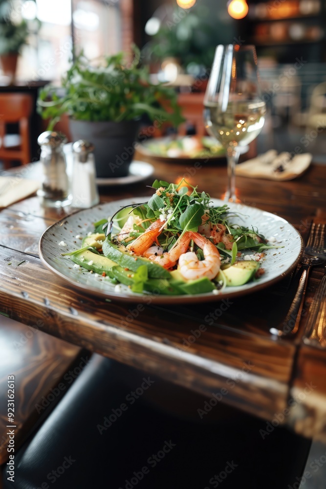 Fresh salad with shrimp served on a rustic wooden table in a cozy restaurant Fresh salad with shrimp served on a rustic wooden table in a cozy restaurant