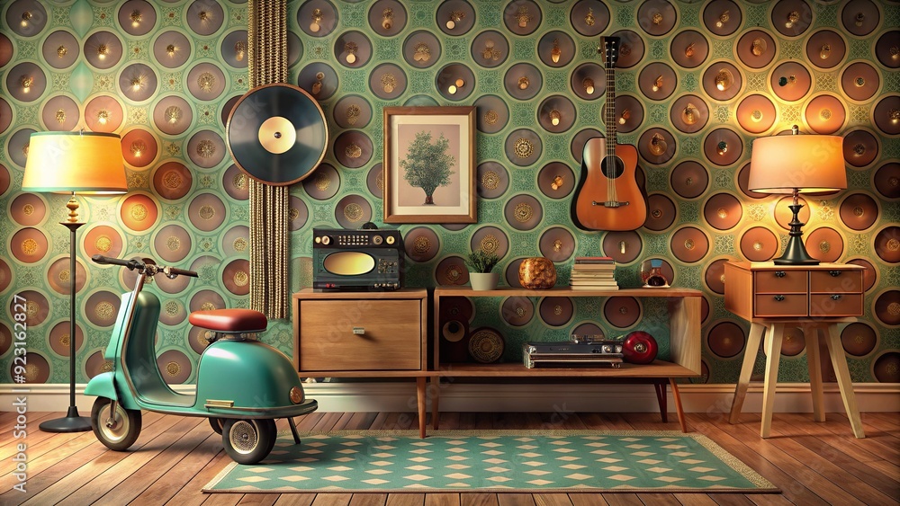 Vintage retrothemed room filled with vinyl records, old cameras, and a