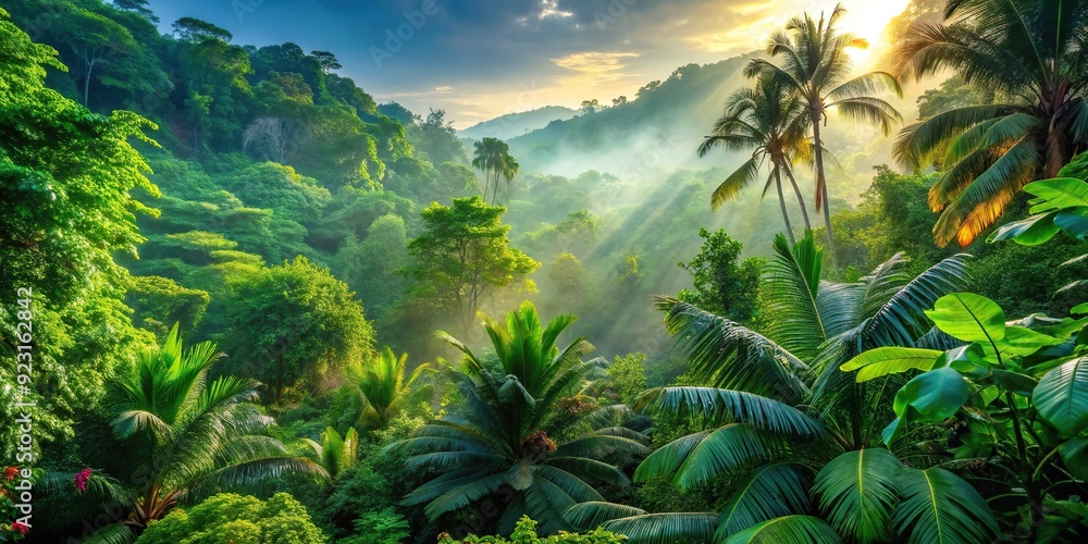 Dense foliage of emerald green trees and vibrant tropical plants thrive in a sun-dappled, misty atmosphere, creating a serene and idyllic natural haven. Dense foliage of emerald green trees and vibrant tropical plants thrive in a sun-dappled, misty atmosphere, creating a serene and idyllic natural haven.