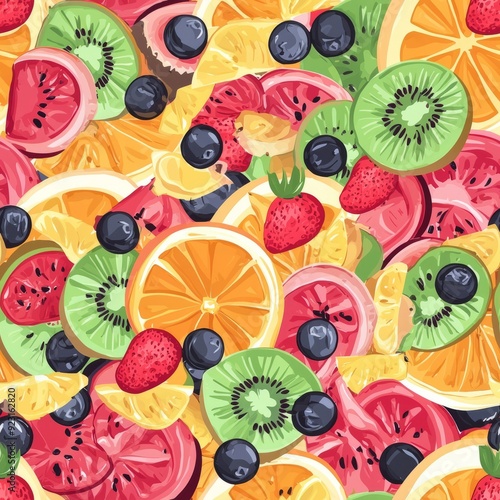 Seamless pattern of fruity punch and assorted fruit chunks with a lively design