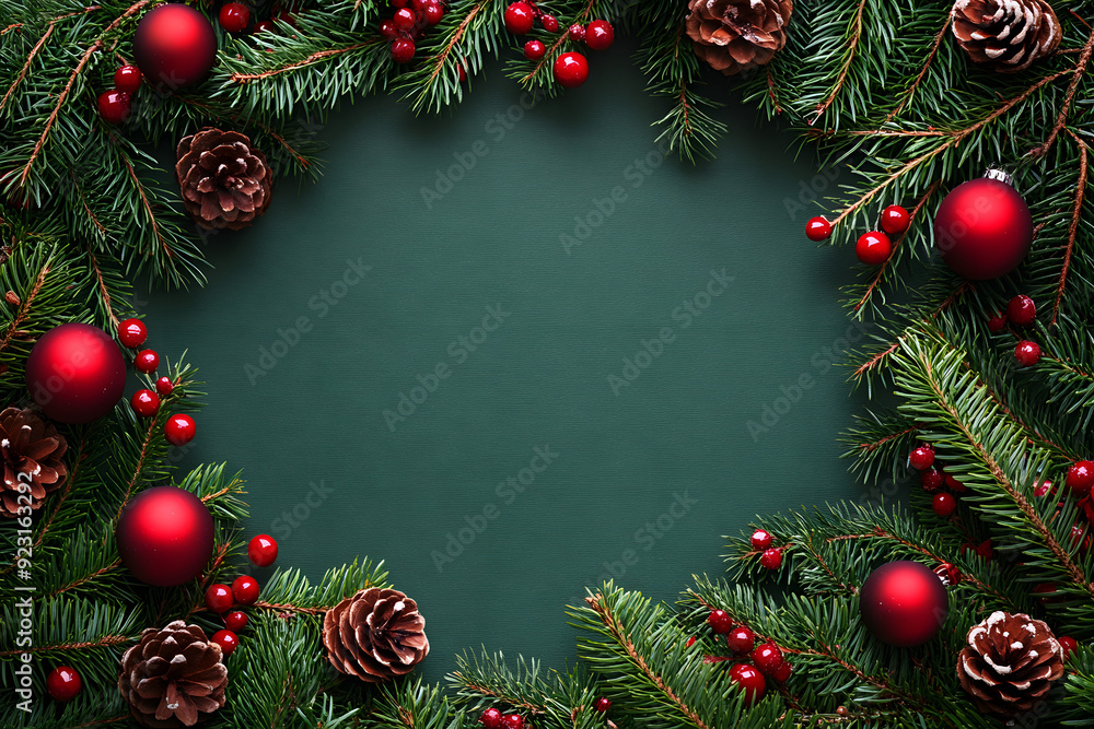 Frame of Christmas tree branches and decorations Frame of Christmas tree branches and decorations