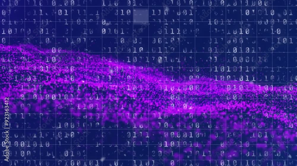 Binary code and data flow animation over digital grid background Binary code and data flow animation over digital grid background
