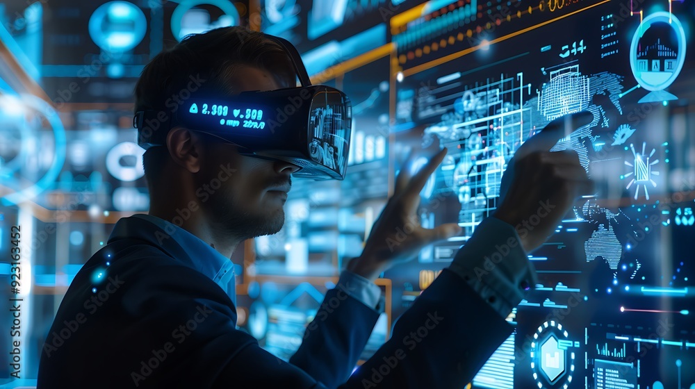 Man wearing a VR headset interacts with a digital world, navigating through data and information. This image represents the power and potential of technology in shaping our future. Man wearing a VR headset interacts with a digital world, navigating through data and information. This image represents the power and potential of technology in shaping our future.