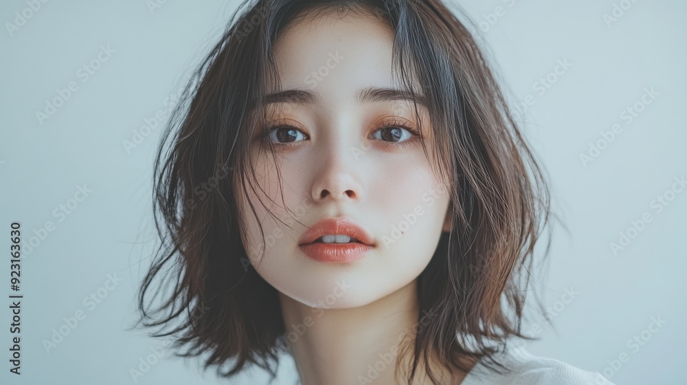Young Asian woman with clean, fresh skin and short hair bobtail style, embodying beauty and cosmetic care concepts. Young Asian woman with clean, fresh skin and short hair bobtail style, embodying beauty and cosmetic care concepts.