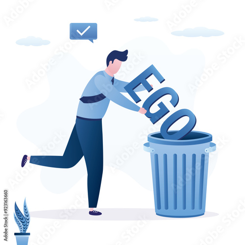 Businessman throw his ego into the trash, stop ego concept. Confident man without vanity or selfishness, but with pride and respect for others people,