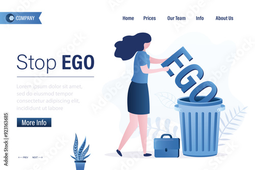 Businesswoman throw ego into the trash, stop ego, landing page template. Confident woman without vanity or selfishness, but with pride, equality and respect for others people.