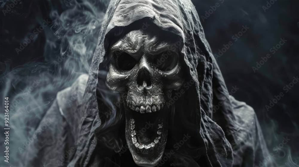A menacing reaper in a dark cloak screams at the viewer, showcasing a skeletal face that embodies the chilling essence of Halloween night A menacing reaper in a dark cloak screams at the viewer, showcasing a skeletal face that embodies the chilling essence of Halloween night