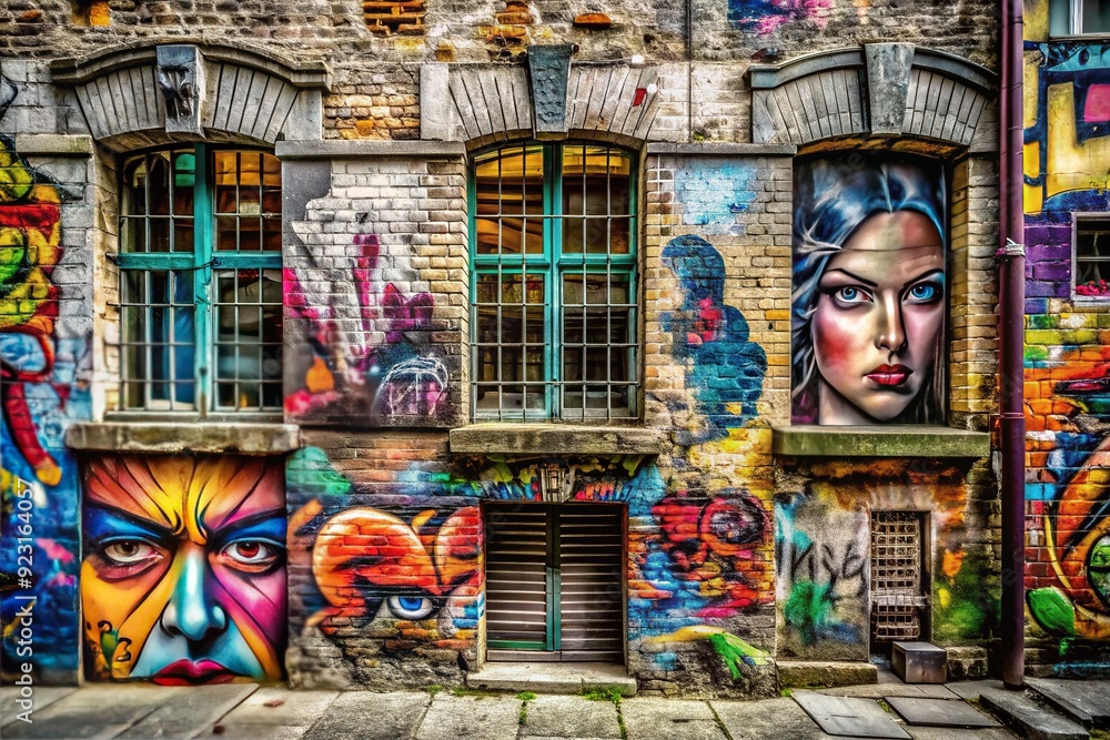 Fototapeta premium Graffiti on Stone Facade: Edgy, Street Art, Gritty, Vibrant Accents, Rebellious