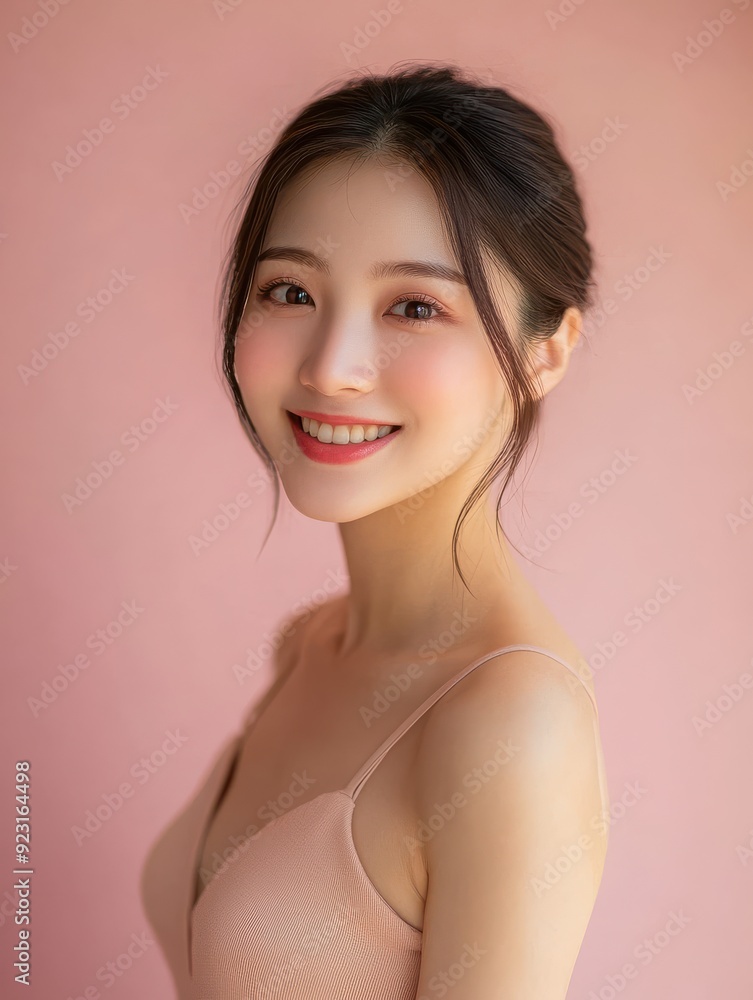 Asian woman with radiant skin showcasing high quality skincare products against a solid pink old rose pastel background, highlighting beauty and wellness. Asian woman with radiant skin showcasing high quality skincare products against a solid pink old rose pastel background, highlighting beauty and wellness.
