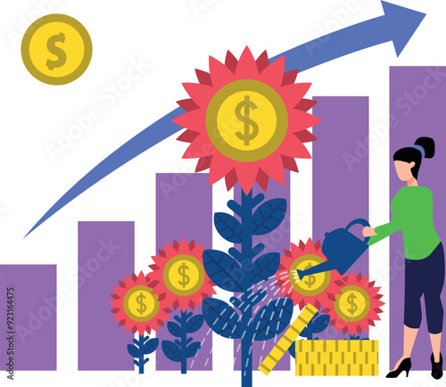 The girl is watering the dollar plants.