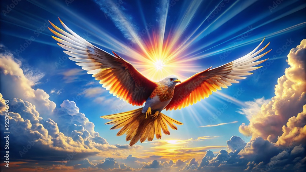 Obraz premium Vibrant, stylized illustration of a soaring bird in mid-flight, wings outstretched, against a bright blue sky with puffy white clouds and sun rays.