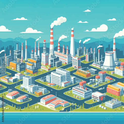 an industrial zone with factories  plants warehouses enterprises in the flat style landscape