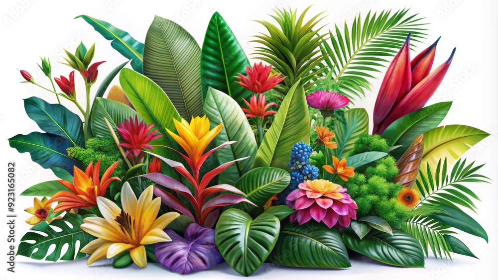 Fototapeta premium Vibrant tropical plants with lush green leaves and colorful blooms arranged artfully against a crisp white background, evoking a sense of serenity and exotic beauty.