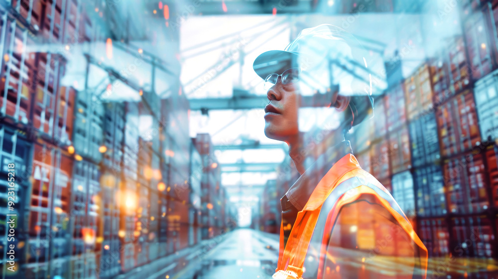 A logistics worker in a safety vest gazes upward, immersed in a vibrant double exposure of cargo containers and a dynamic warehouse environment A logistics worker in a safety vest gazes upward, immersed in a vibrant double exposure of cargo containers and a dynamic warehouse environment