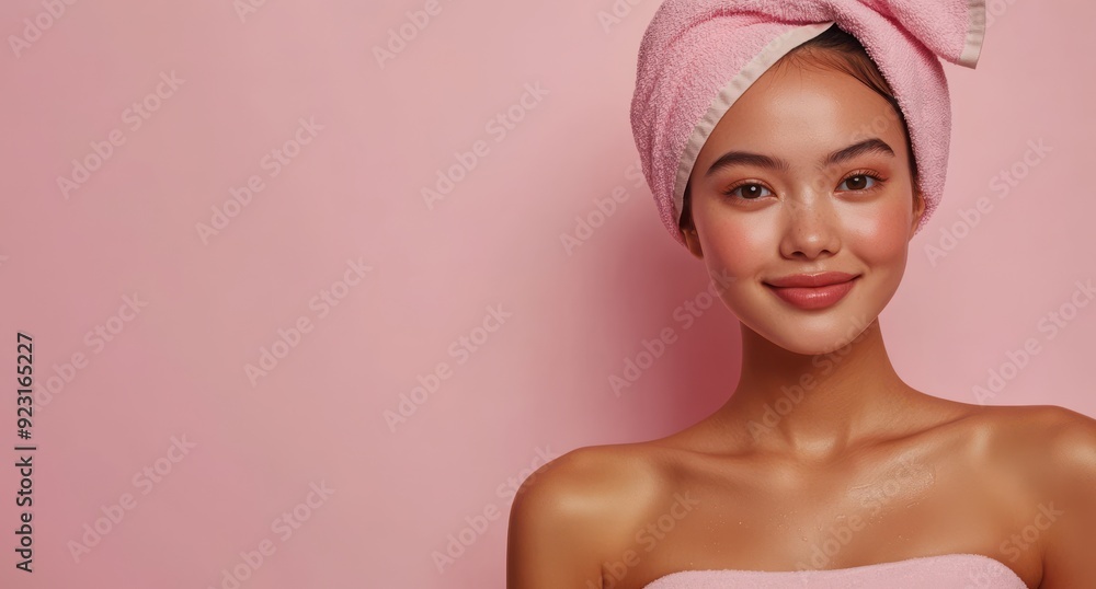 Asian woman with radiant skin showcasing high quality skincare products against a solid pink old rose pastel background, highlighting beauty and wellness. Asian woman with radiant skin showcasing high quality skincare products against a solid pink old rose pastel background, highlighting beauty and wellness.
