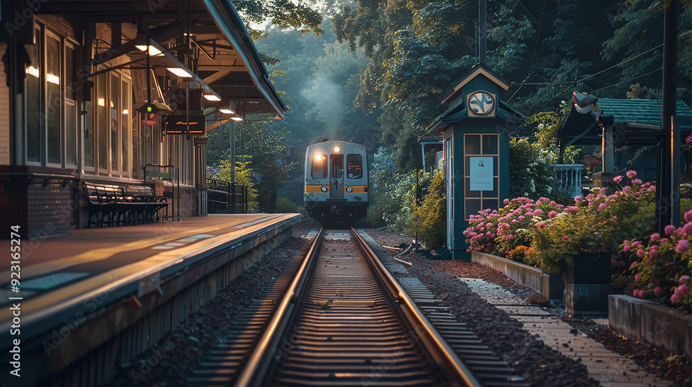 A Suburban Train Arriving at a Small Charming Station A Suburban Train Arriving at a Small Charming Station