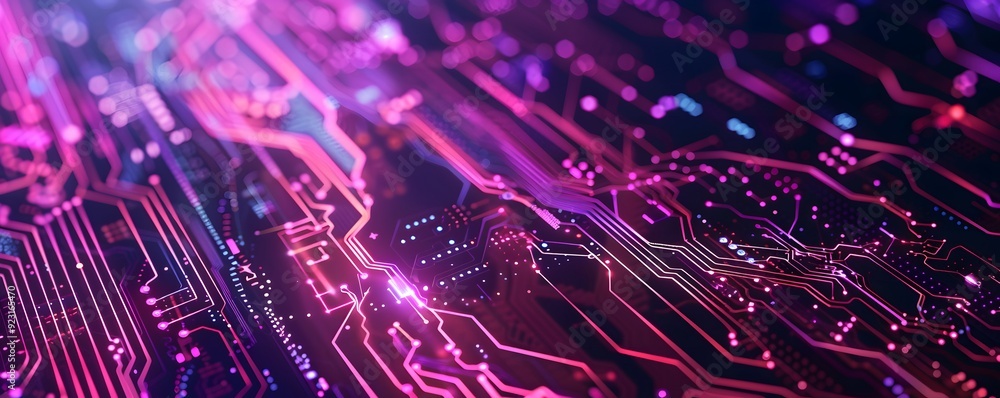 Glowing Pink and Blue Circuit Board with Defocused Lights Glowing Pink and Blue Circuit Board with Defocused Lights