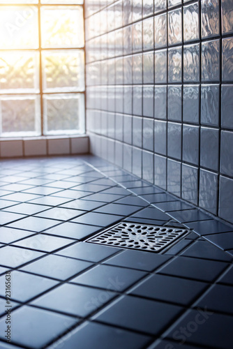 Wallpaper Mural Square shower drain new and clean in tiled floor of modern enclosure in bathroom. New restroom tile floor clean and dry in house. Torontodigital.ca