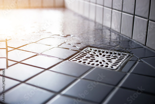 Water flowing to square shower drain hygiene and clean on tiled floor of modern enclosure in bathroom.
