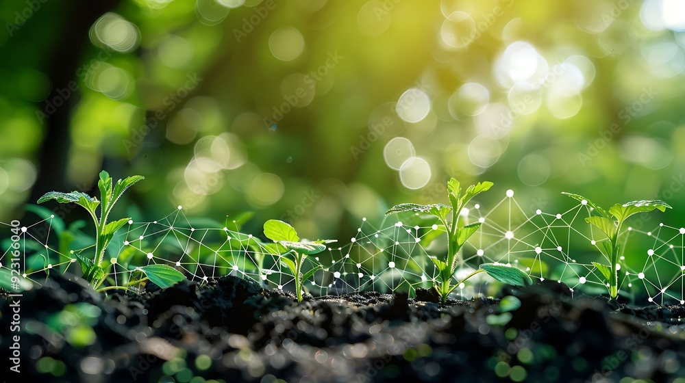 Young plants emerging from the ground, connected by a network, symbolizing the interconnectedness of life and growth. Young plants emerging from the ground, connected by a network, symbolizing the interconnectedness of life and growth.