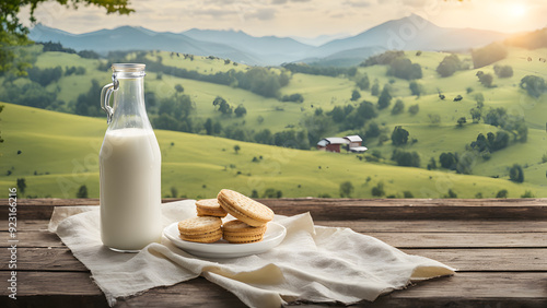 there is a glass of milk and some cookies on a table photo