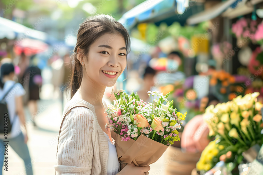 Fototapeta premium Young woman is holding a bouquet of flowers just purchased at an outdoor flower market and smiling