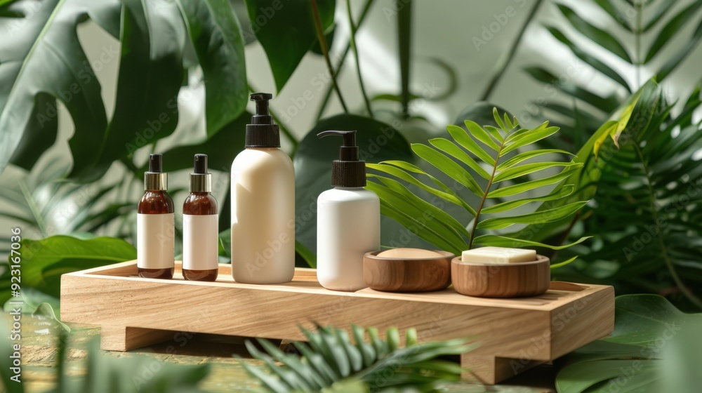 A wooden tray with various bottles and containers of beauty products A wooden tray with various bottles and containers of beauty products