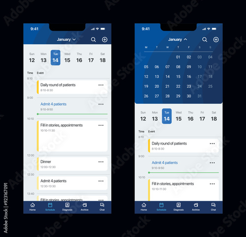 Calendar for a mobile app, showing weekly and monthly views with scheduled events..eps
