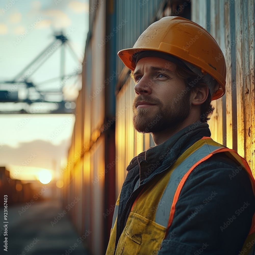 Construction worker in a busy shipping yard with stacked containers, sunny day Construction worker in a busy shipping yard with stacked containers, sunny day