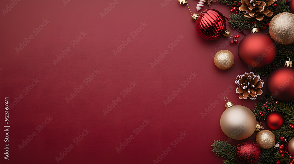 minimal top view of chritmas decorations on a bordeaux background with space for text or ads at right minimal top view of chritmas decorations on a bordeaux background with space for text or ads at right