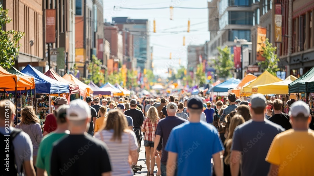 Obraz premium Vibrant street market bustling with crowds, colorful tents, and a lively atmosphere perfect for summer events and gatherings.