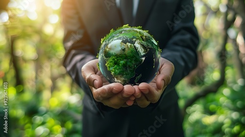 Fototapeta Naklejka Na Ścianę i Meble -  Man in a suit holds a globe covered in green vegetation representing the earth, emphasizing environmental responsibility and sustainable living.