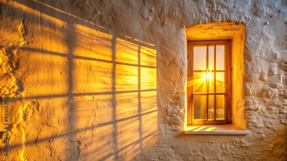 Obraz premium Warm sunlight streaming through a window and casting a bright, golden glow on a textured, whitewashed wall, creating a sense of serenity and calmness.