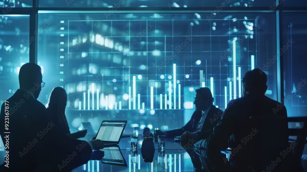 A group of people are sitting at a table with a large screen displaying graphs A group of people are sitting at a table with a large screen displaying graphs