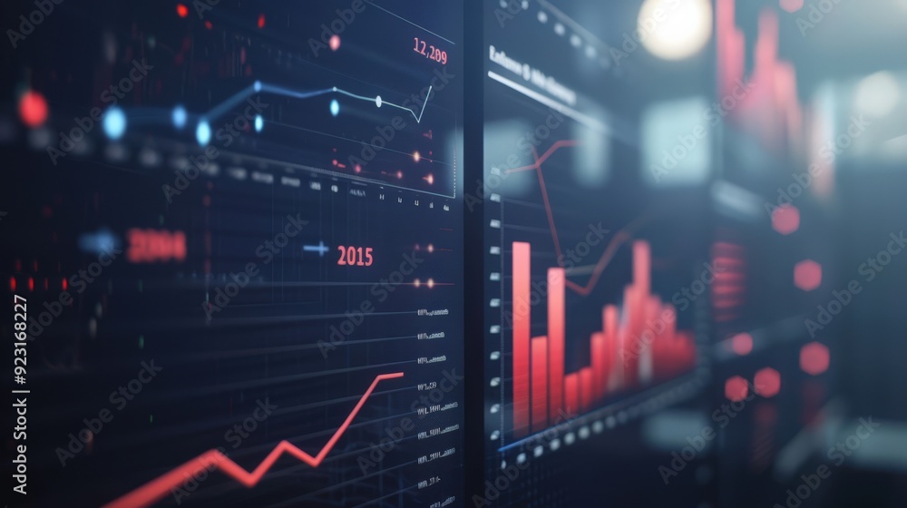 A series of graphs with red lines and numbers are displayed on a screen A series of graphs with red lines and numbers are displayed on a screen