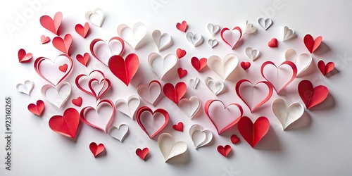 Delicate paper cutouts of intertwined hearts in various sizes and shapes, scattered on a white background, creating a romantic and whimsical Valentine's Day theme. photo