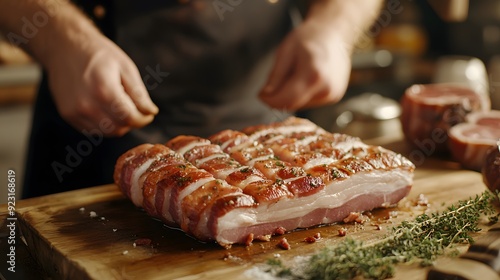 Butcher styling farmfresh pork belly into bacon porchetta Photorealistic photo