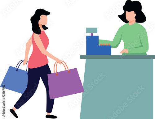 Girl stands at cash counter with shopping bags.