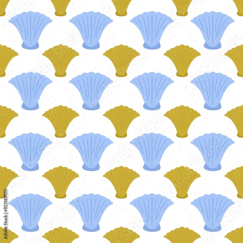 Summer pattern with hand drawn shells.Design for wrapping paper, textile and wallpaper. Marine background