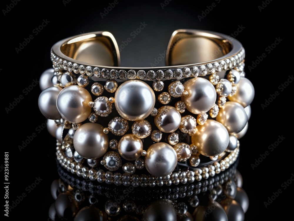 Elegant crystals and pearls adorn a luxurious gold cuff, showcasing a fusion of high fashion and elemental sophistication against a sleek black background. Elegant crystals and pearls adorn a luxurious gold cuff, showcasing a fusion of high fashion and elemental sophistication against a sleek black background.