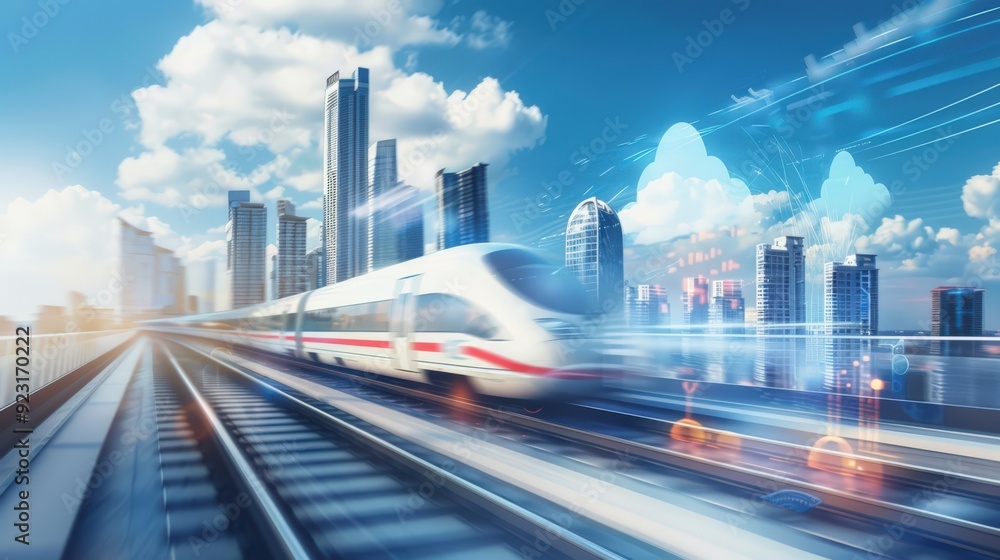 Obraz premium A train is speeding down a track in front of a city skyline