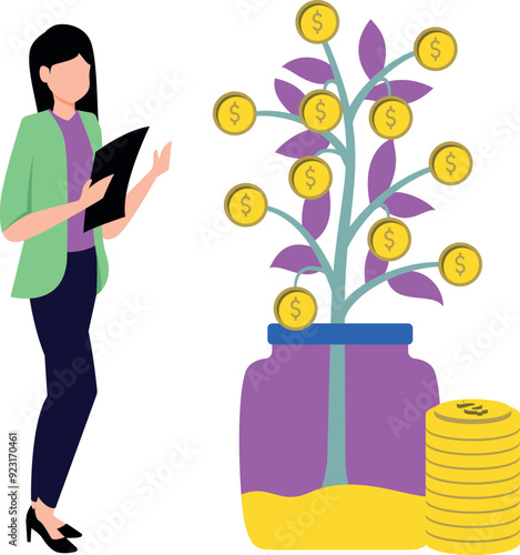 The girl is looking at the dollar plant.