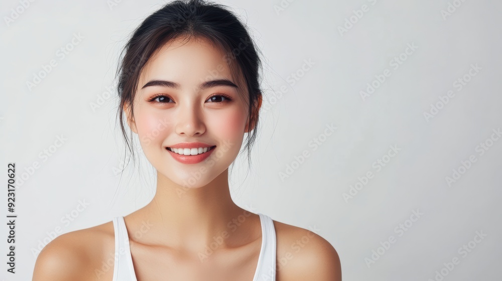 Portrait of a happy woman, her eyes meeting the camera with a self-assured smile, set against a neutral backdrop. Portrait of a happy woman, her eyes meeting the camera with a self-assured smile, set against a neutral backdrop.