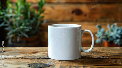 a straight and plain [white 11oz mug with a c handle] on a wooden coffeee tabel, AI Generative photo