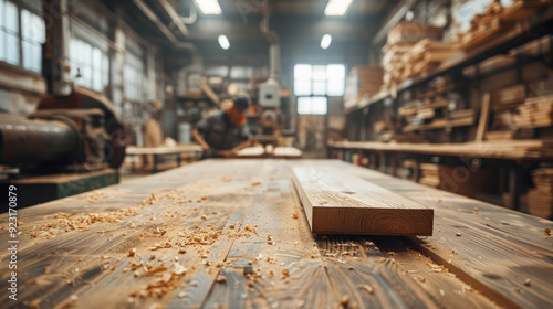 a very clean, well organised wood workshop with an empty table in focus in front of the image, a person in motion blur, working very fast, high tec, AI Generative photo