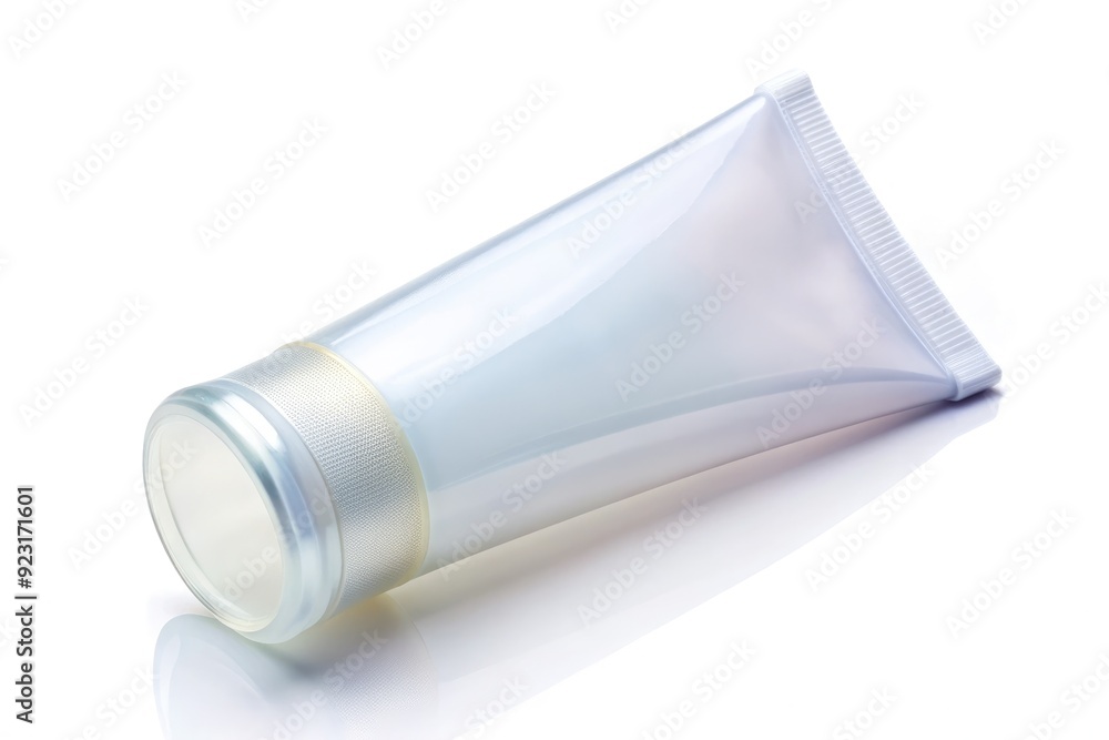 Close-up of a transparent plastic tube with a rounded cap, empty and clean, isolated on a white background, with subtle shadows and highlights. Close-up of a transparent plastic tube with a rounded cap, empty and clean, isolated on a white background, with subtle shadows and highlights.